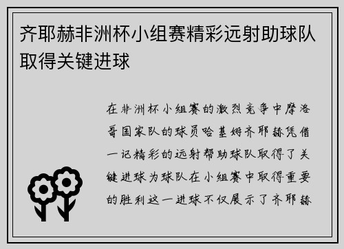齐耶赫非洲杯小组赛精彩远射助球队取得关键进球 齐耶赫非洲杯小组赛精彩远射助球队取得关键进球